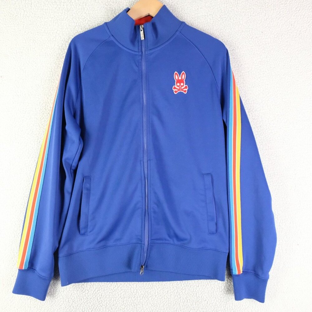 Psycho Bunny Blue Performance Jacket with Rainbow Stripes